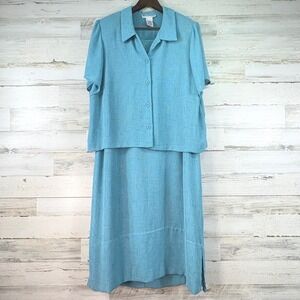 Dressbarn Woman 18W 2 Piece Dress Set Teal Blue Textured Shirt Jacket Midi Lined
